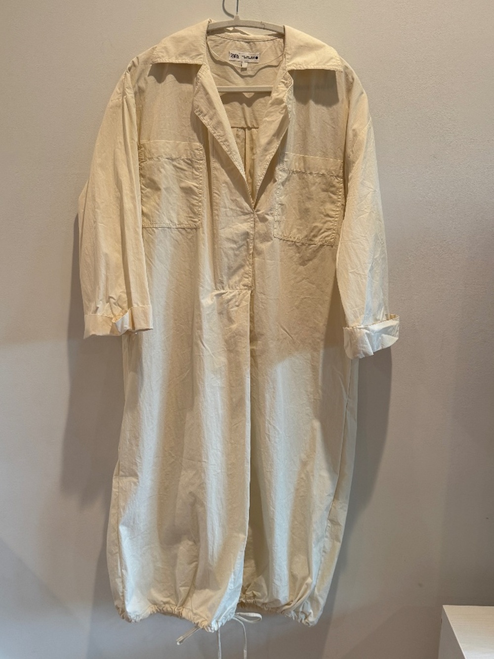Zara Cream Long Collared Dress with Drawstring Hem